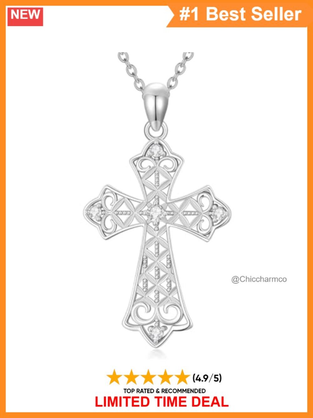 925 Sterling Silver Cross Necklace Lab Grown Diamond Pendant 18+2in